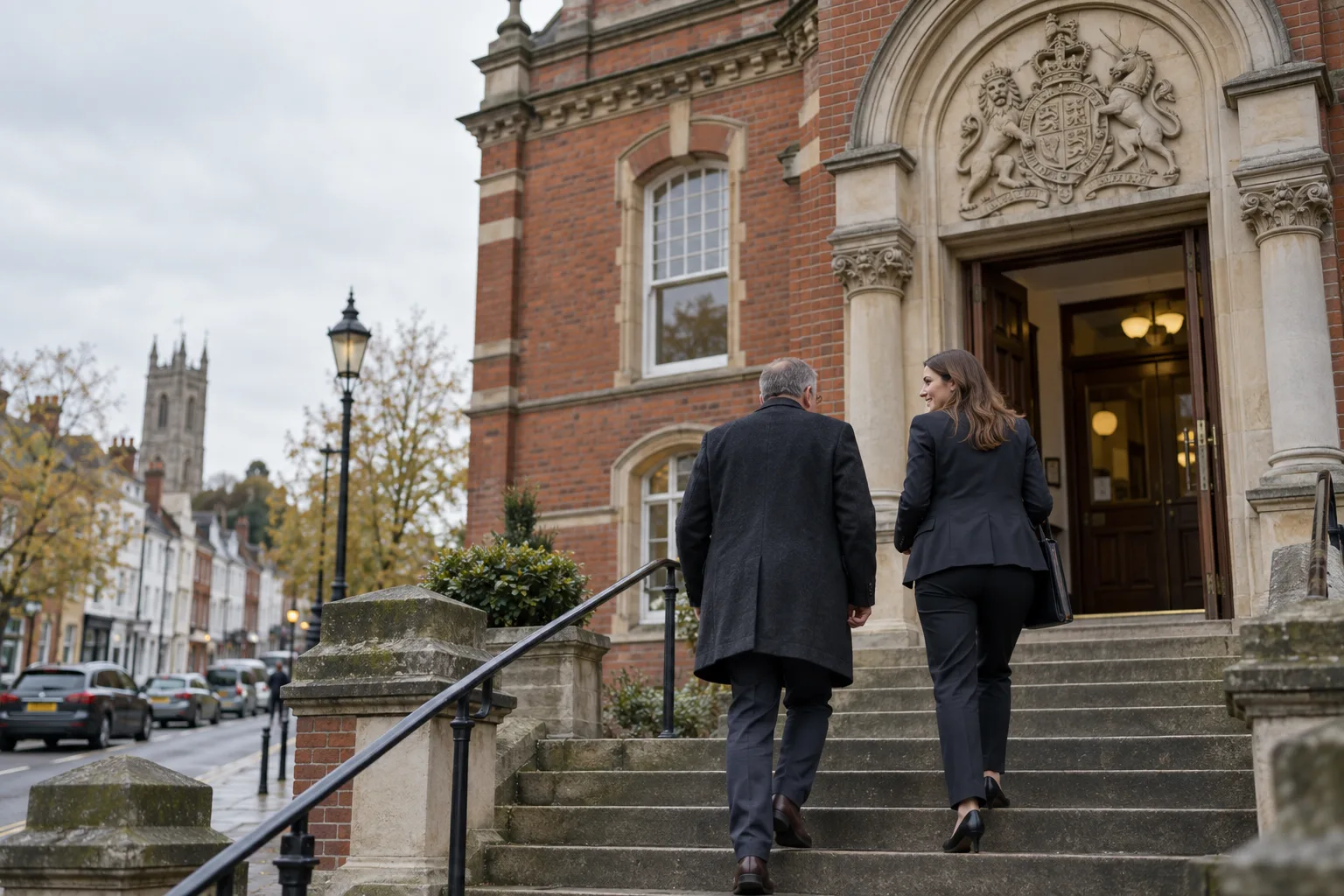 Solicitor and client walking up the steps of an English County Court building