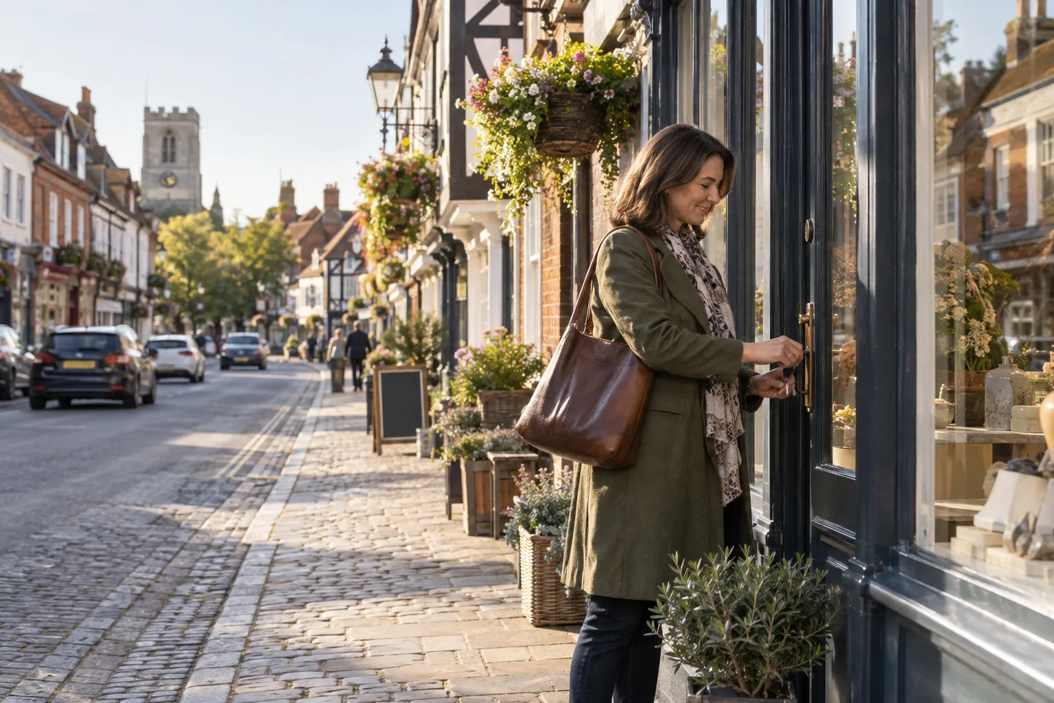 Shop owner opening her business on a historic English high street