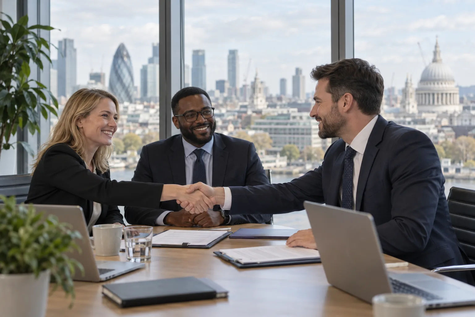 Business owners agreeing a deal in a modern office overlooking the City of London