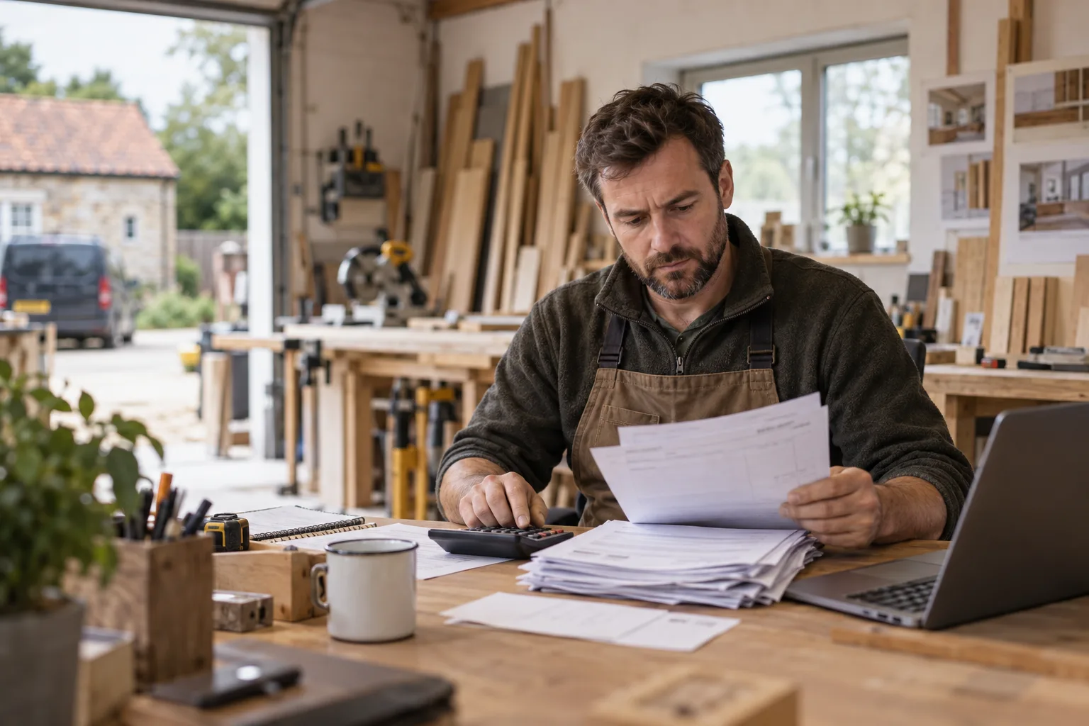Small business owner reviewing unpaid invoices in his workshop office