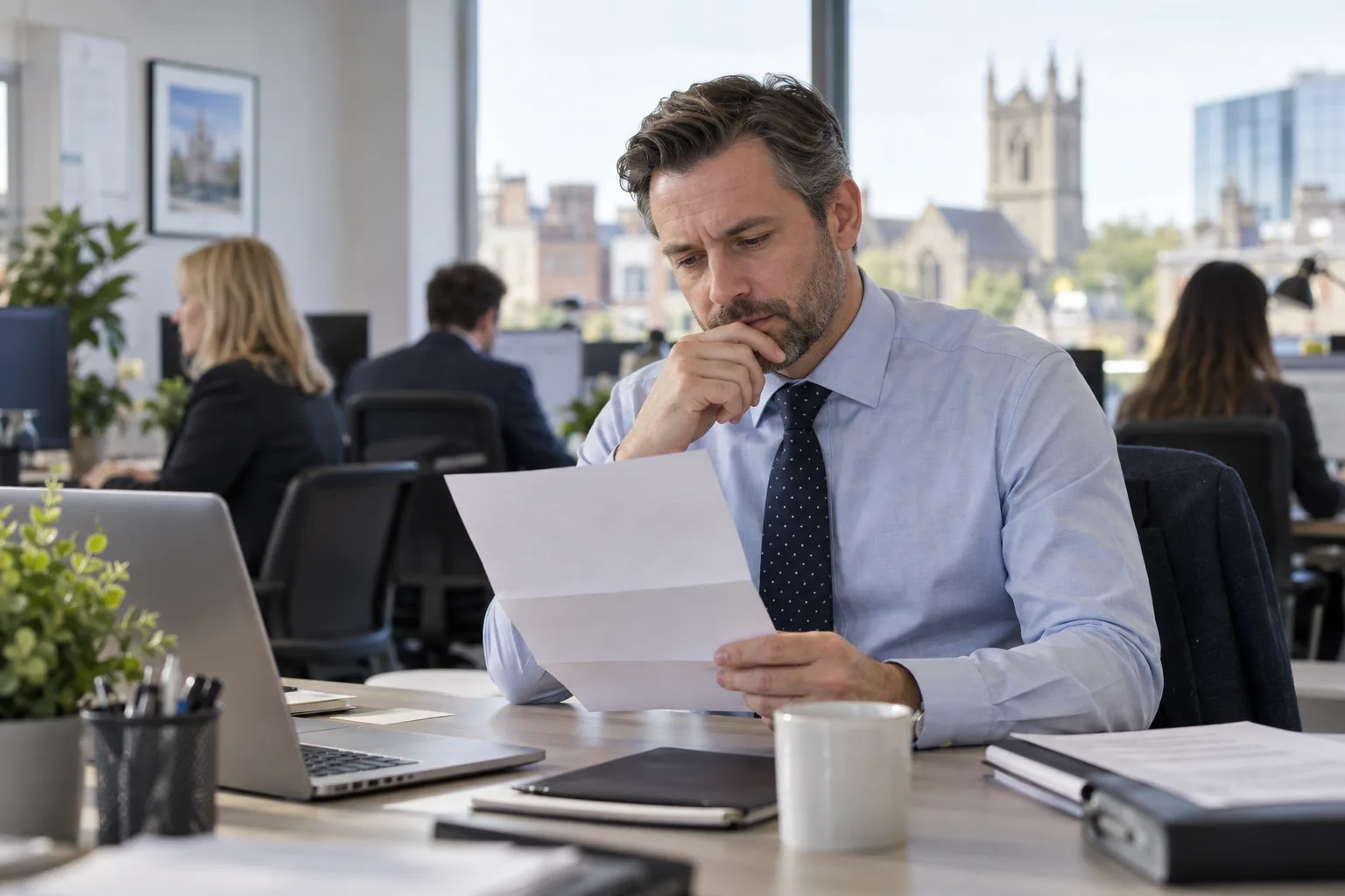 Employee reflecting on a letter from work in a modern UK office