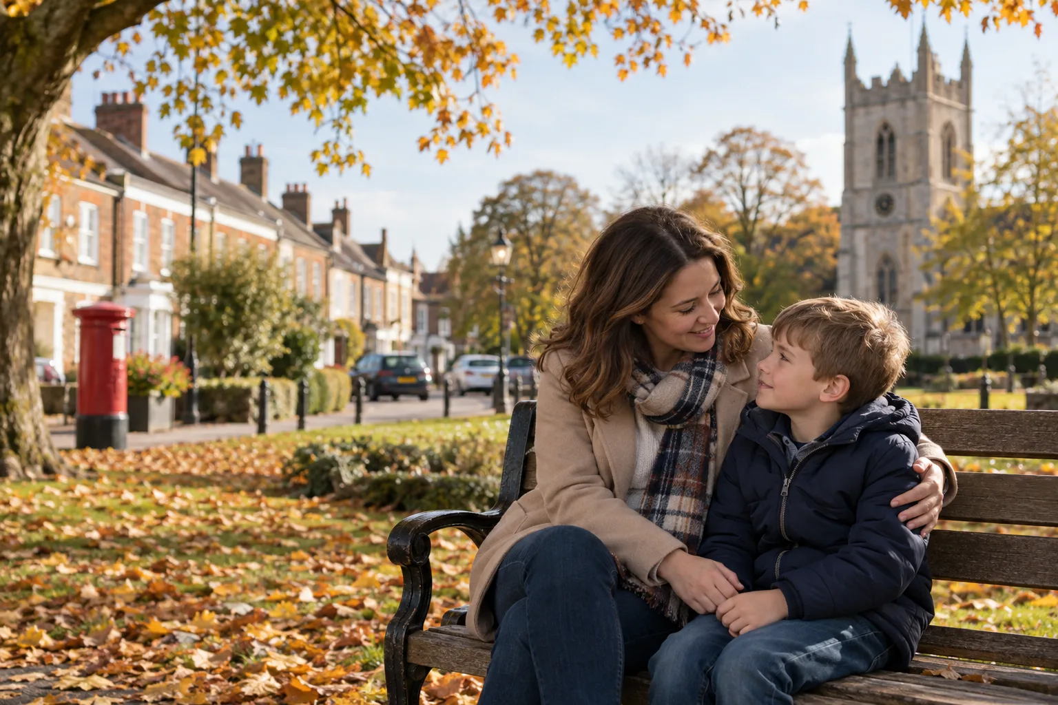 Mother and son sharing a reassuring moment on a park bench in an Essex town