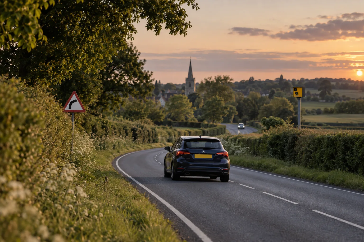 Car driving along a quiet English A-road in the countryside