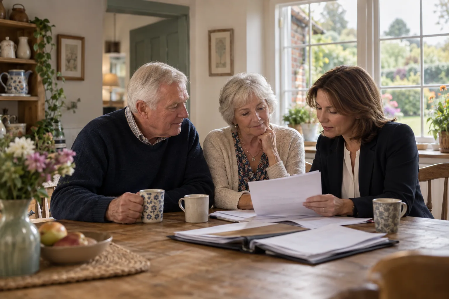 Older couple planning for the future at their kitchen table with their adult daughter