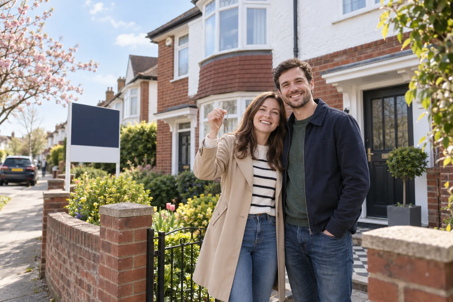 Couple holding the keys outside their new home in Essex